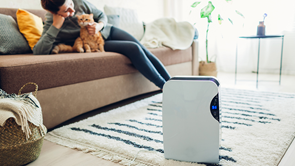 Person and cat on sofa with dehumidifier in foreground